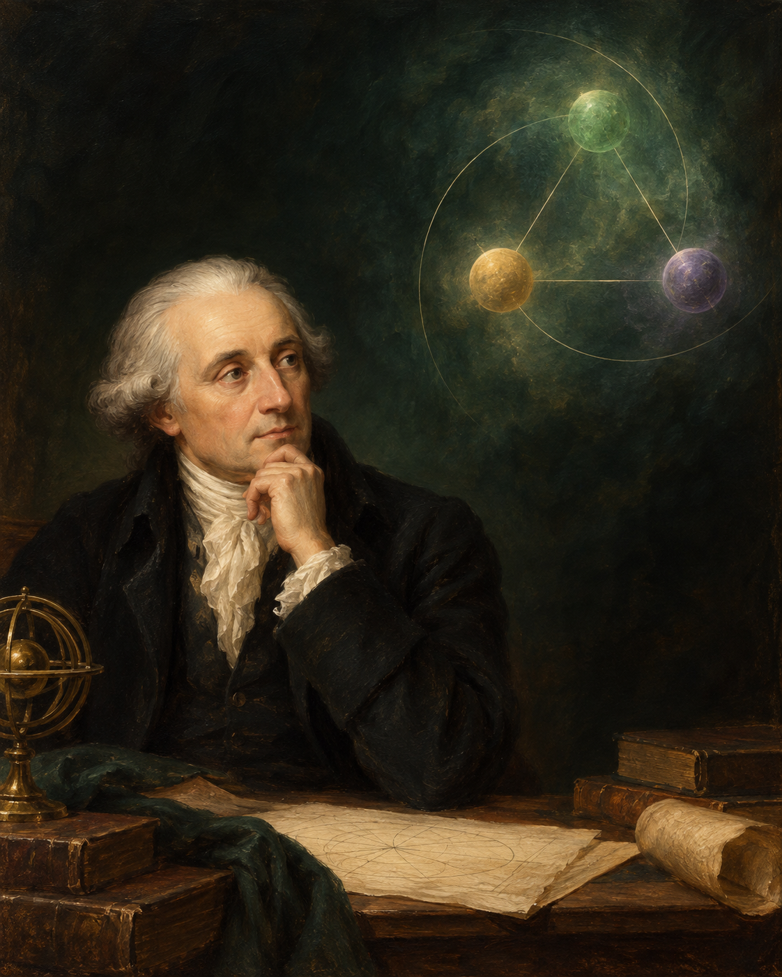 Interpretive portrait of Lagrange in a dark study. Three luminous painted forms suggest a shared triangle above him.