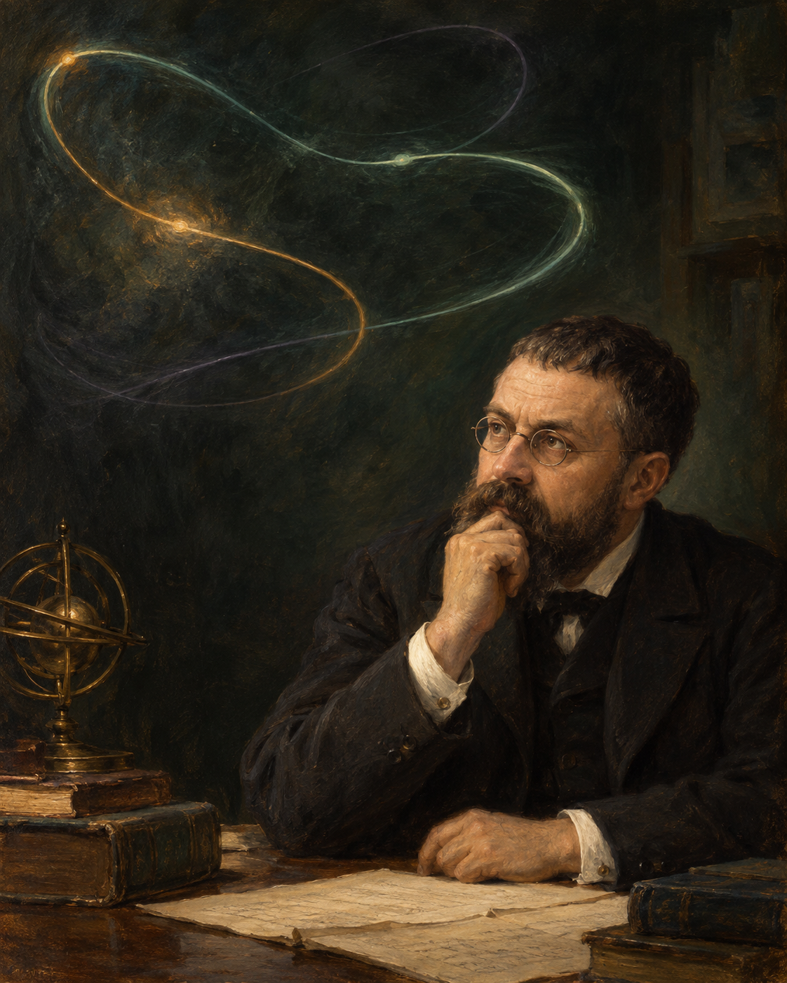 Interpretive portrait of Poincaré with spectacles and beard, contemplating pale painted paths that return through a dark study.